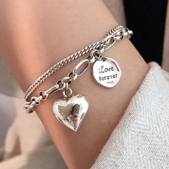 *925 Sterling Silver Heart Link Chain Bracelet B - Picture 1 of 12